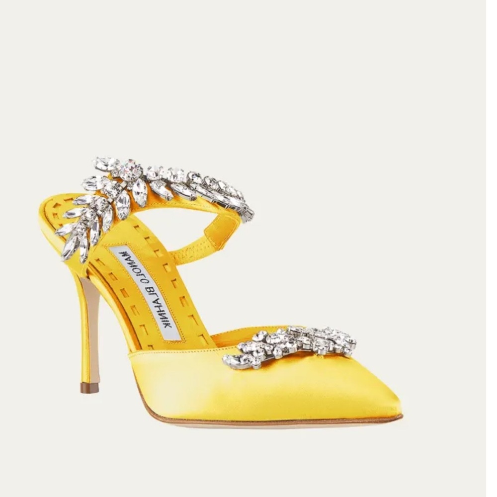 Manolo Blahnik 90 Crystal-Embellished Satin Mules